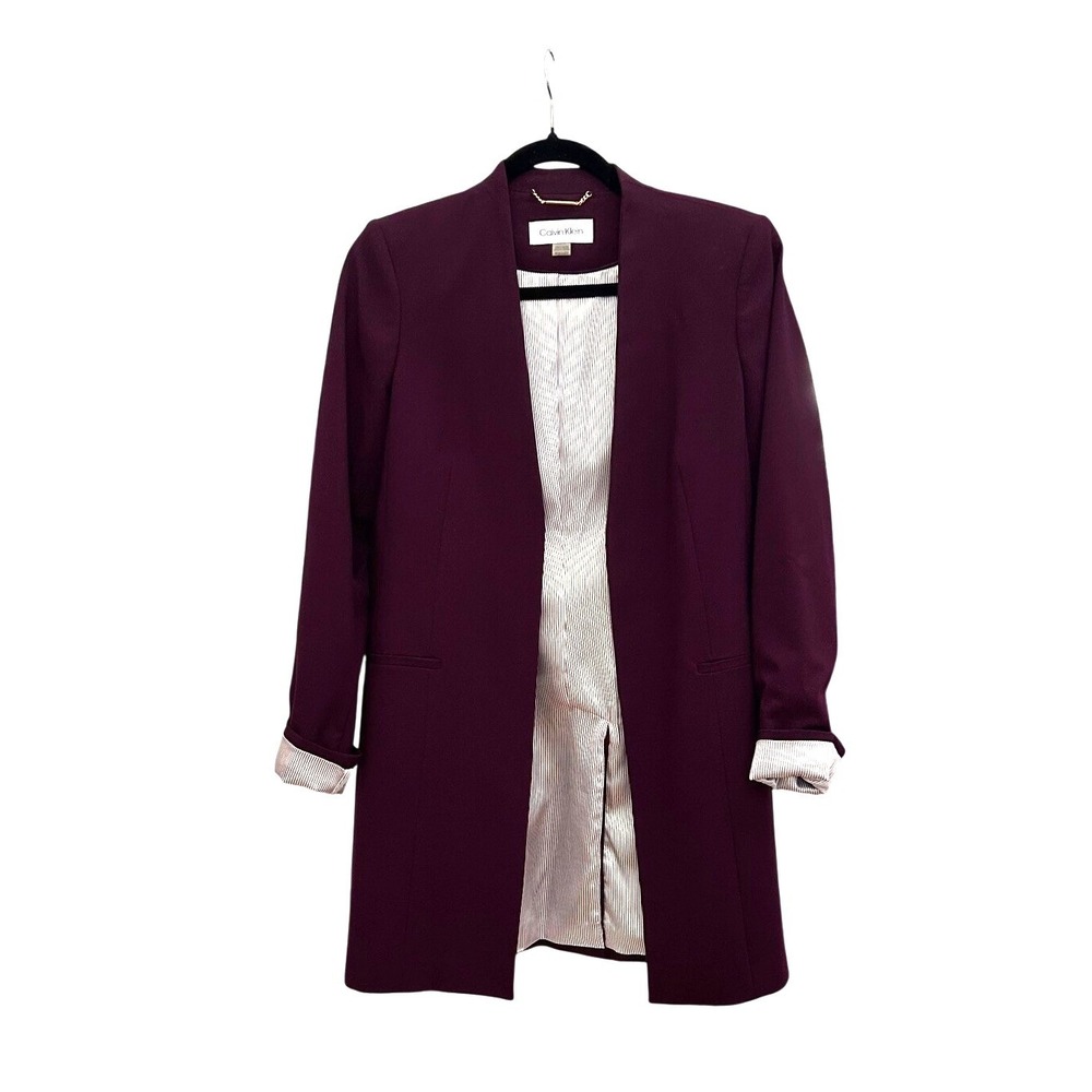 Calvin Klein Womens 8P Eggplant Purple Open Front Longline Blazer Jacket Petite